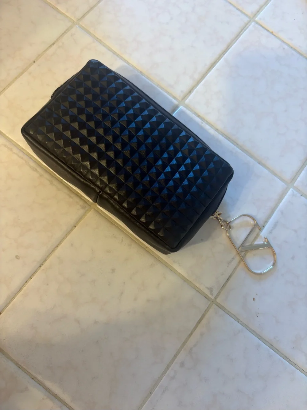 Valentino Black Quilted Rockstud Zip Card & Key Holder with Gold V Charm